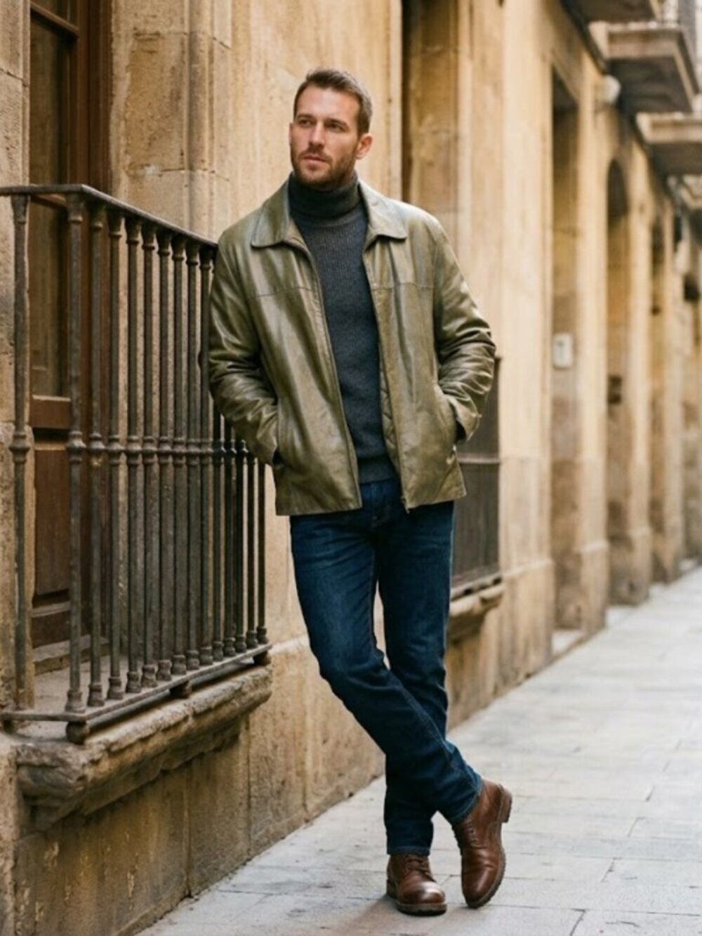 Lucien Piccard Men's Olive Leather Jacket XL